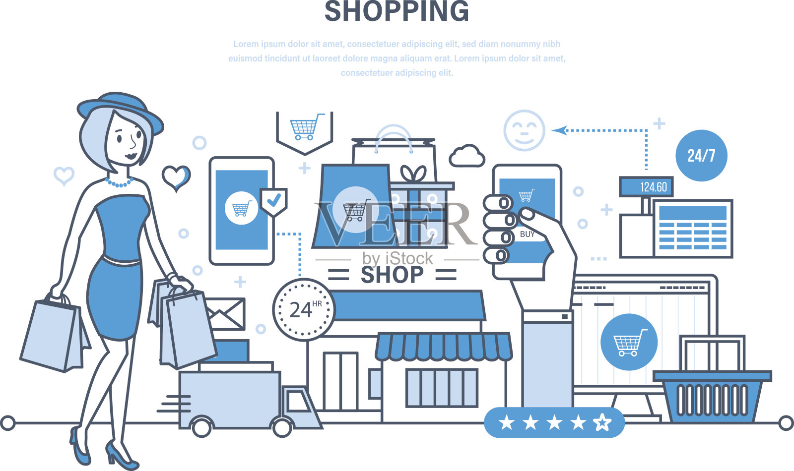 現(xiàn)代購物、網(wǎng)上訂購產(chǎn)品系統(tǒng),安全支付、送貨插畫圖片素材