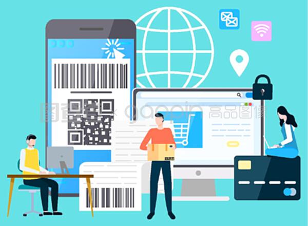 有支付保障的智能手機和計算機,購物和送貨。網(wǎng)上支付系統(tǒng),帶筆記本電腦的字符。平面卡通風格的矢量插圖。國際商務現(xiàn)代技術(shù)小工具